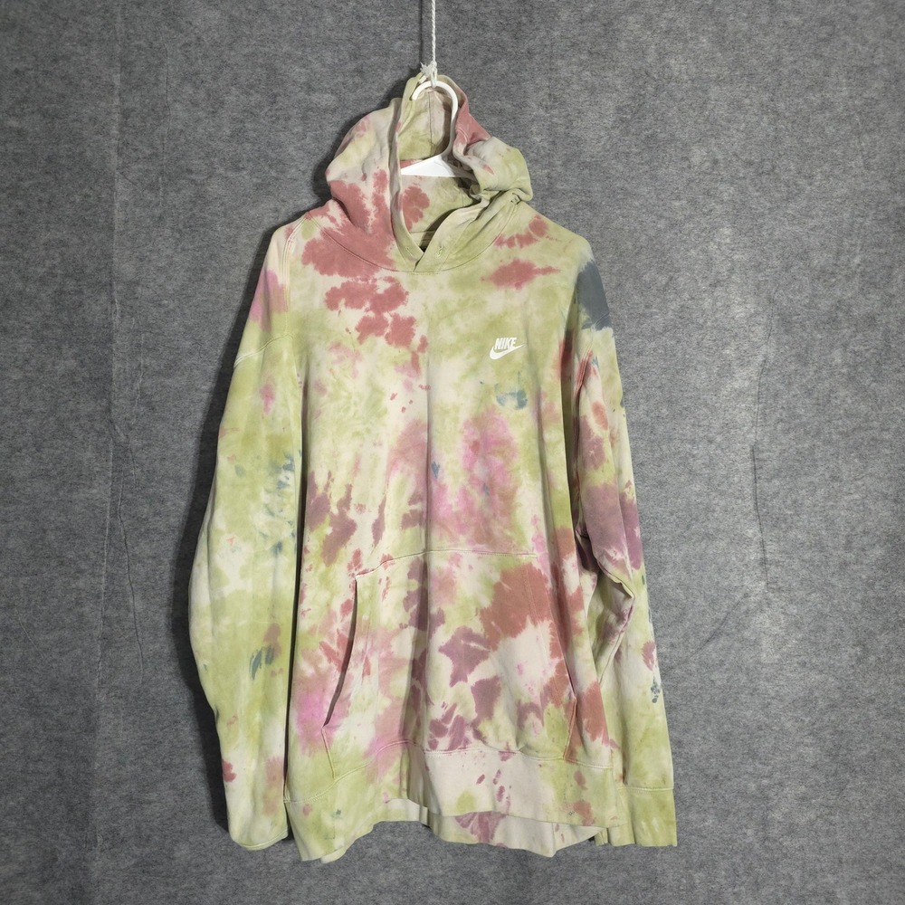 Nike Sportswear Club Fleece Hoodie Men XXL Green Pink Tie Dye DJ0488 Swoosh Logo